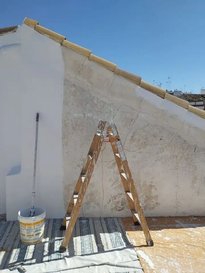 Trabajos de pintura en fachada exterior con rodillo y escalera en Aguilar de la Frontera