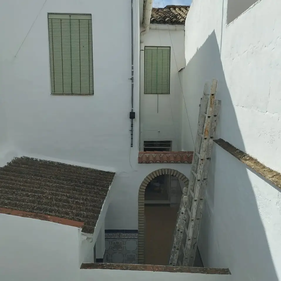 Trabajo de pintura en patio interior con paredes blancas y escalera de mano en Aguilar de la Frontera